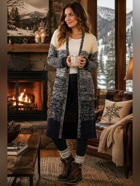 Poof! Long Ombre Boho Soft Cozy Open-Front Cardigan, Cream, Black, White- size S